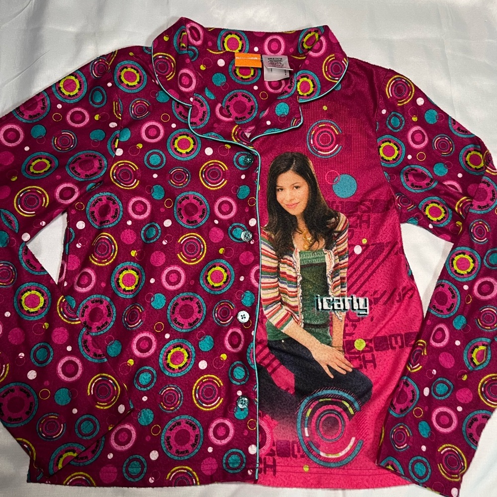 iCarly Nickelodeon Y2K Pajama Top Girls 14/16 Button Up 2009 Pink LS